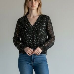 Ann Taylor Black Blouse with Green and White Floral Pattern - Like New - L